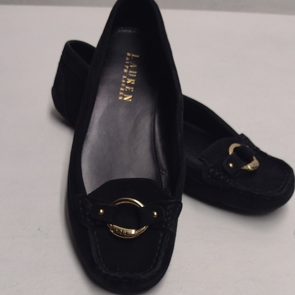 Ralp Lauren Black Loafers Suede with Gold Buckle